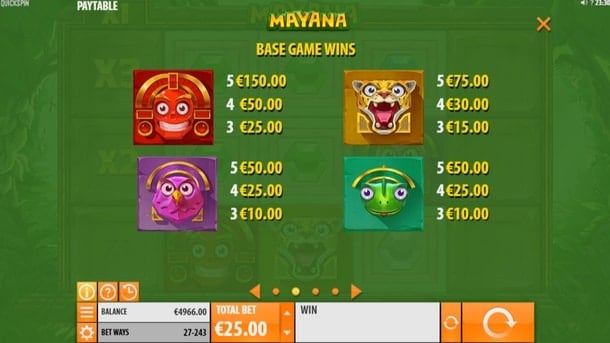 Слот Mayana - таблица выплат Таблица выплат в слоте Mayana